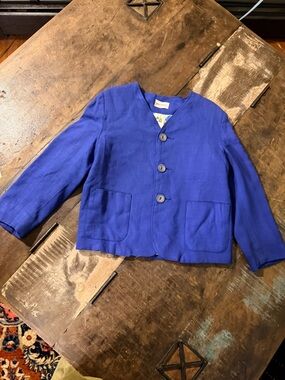 Vintage Children's Cobalt Blue Button-Front Linen Blazer w/ Printed Fish Liner